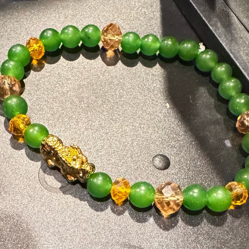 Natural green jade with 24k gold plated alloy Pi Yao charm